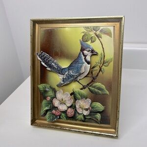Vintage 🪺 Handmade Blue Jay Bird & Florals Shadowbox Art Home Decor Accent